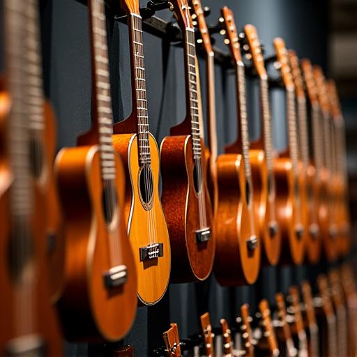 A wall display of high-quality acoustic guitars and ukuleles in the Harmonic Flora shop.