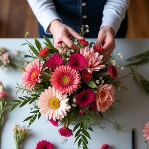 A close-up of a florist's hands arranging a bespoke bouquet with unique flowers.