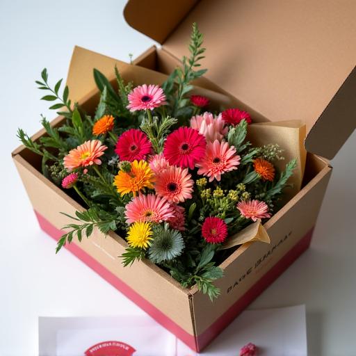 A beautifully packaged box of fresh flowers ready for a subscription delivery.