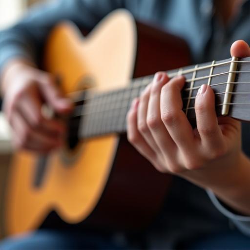A teacher guiding a student's hands on the fretboard of a guitar.