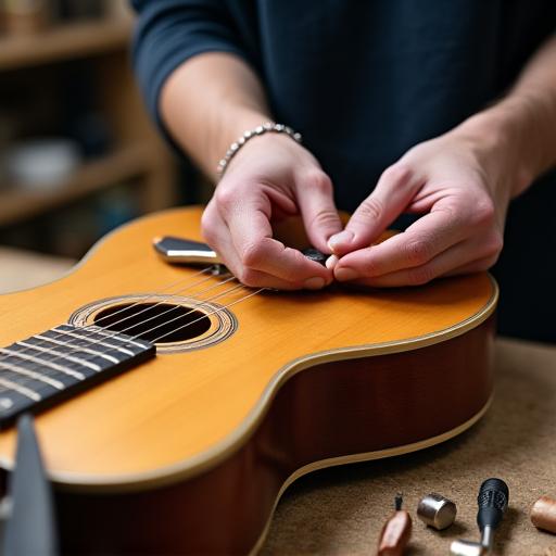 A luthier's hands carefully working on the bridge of an acoustic guitar.