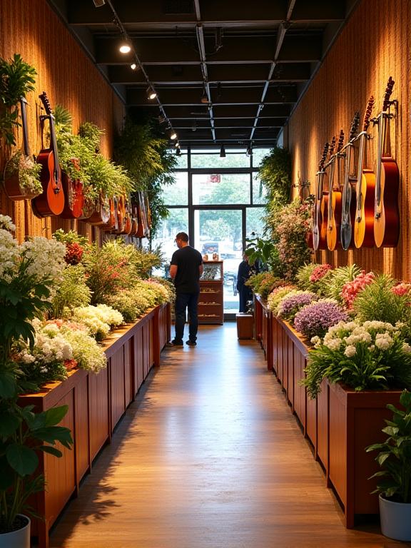 The warm and inviting interior of Harmonic Flora, showing flowers and musical instruments displayed together.
