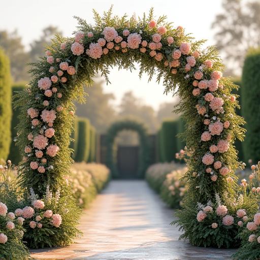 A stunning floral arch decorated for an outdoor wedding ceremony.