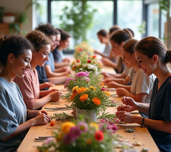 A group of people happily participating in a floral workshop at a long wooden table.